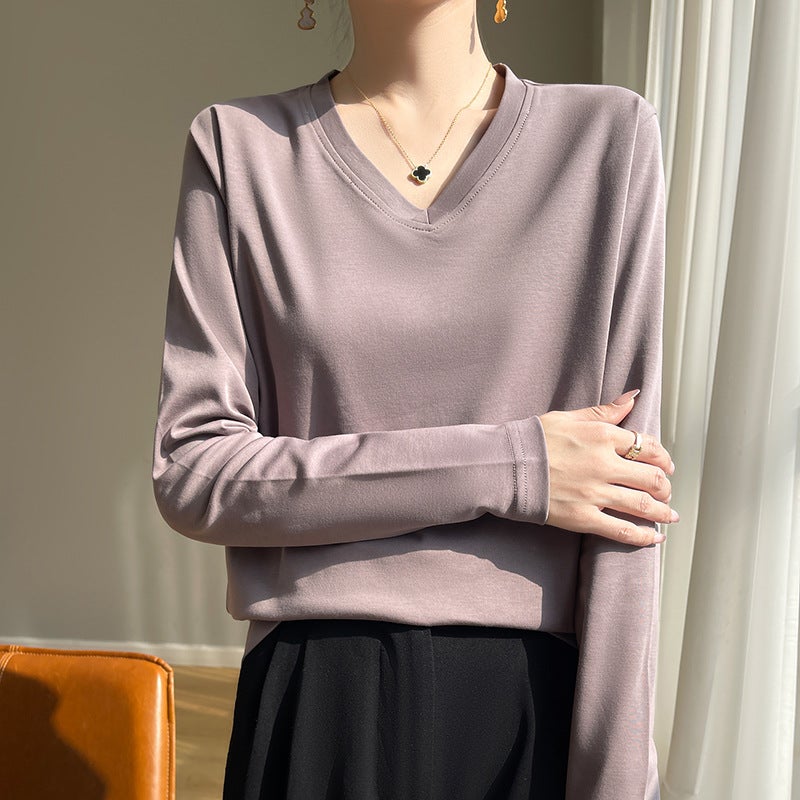 (Same Model In Shopping Mall) V-Neck Sweater New Women'S T-Shirt Long Sleeve T-Shirt Women'S White Bottoming Cotton Tide Inside - Image 1