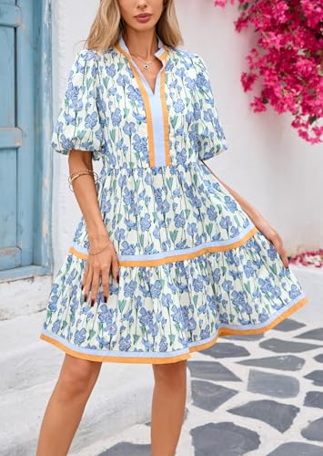 LifeShe Womens Puff Sleeve Floral Babydoll Dress V Neck Striped Color Block Tiered Mini Dresses Black - Image 3