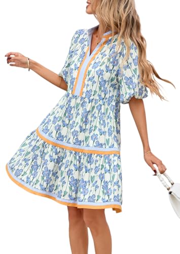 LifeShe Womens Puff Sleeve Floral Babydoll Dress V Neck Striped Color Block Tiered Mini Dresses Black - Image 1