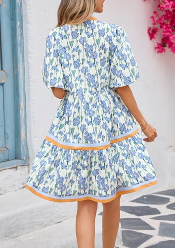 LifeShe Womens Puff Sleeve Floral Babydoll Dress V Neck Striped Color Block Tiered Mini Dresses Black - Image 2