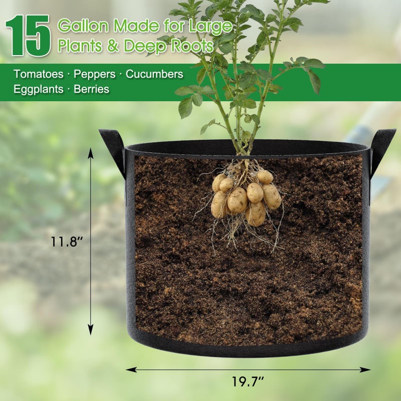 FEED GARDEN 15 Gallon Grow Bags 4 Pack â€“ Heavy Duty 300G Thick Fabric Plant Pots with Reinforced Handles, Breathable Drainage Planters for Tomatoes, Potatoes & Large Vegetables Indoor Outdoor - Image 2