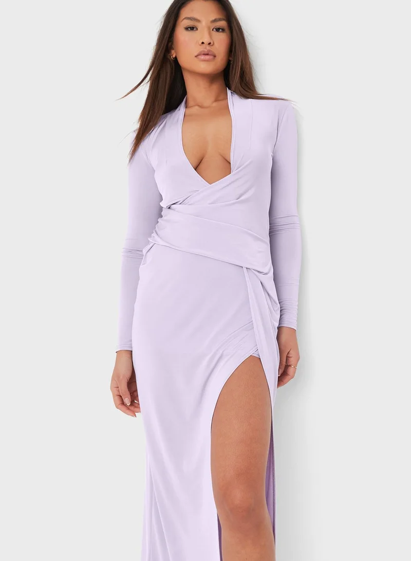 Missguided Drape Front Split Hem Slinky Dress