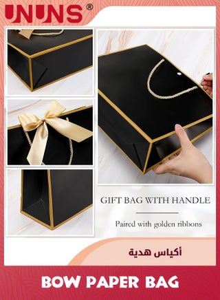 12 قطعة من أكياس الهدايا بمقابض، 28 × 20 × 10 سم كيس ورقي مع شريط فيونكة أكياس تغليف الهدايا لحفلات الزفاف وحفلات وصيفات العروس وحفلات استقبال المولود وأعياد الميلاد وهدايا الانتقال إلى منزل جديد، أسود - view 4