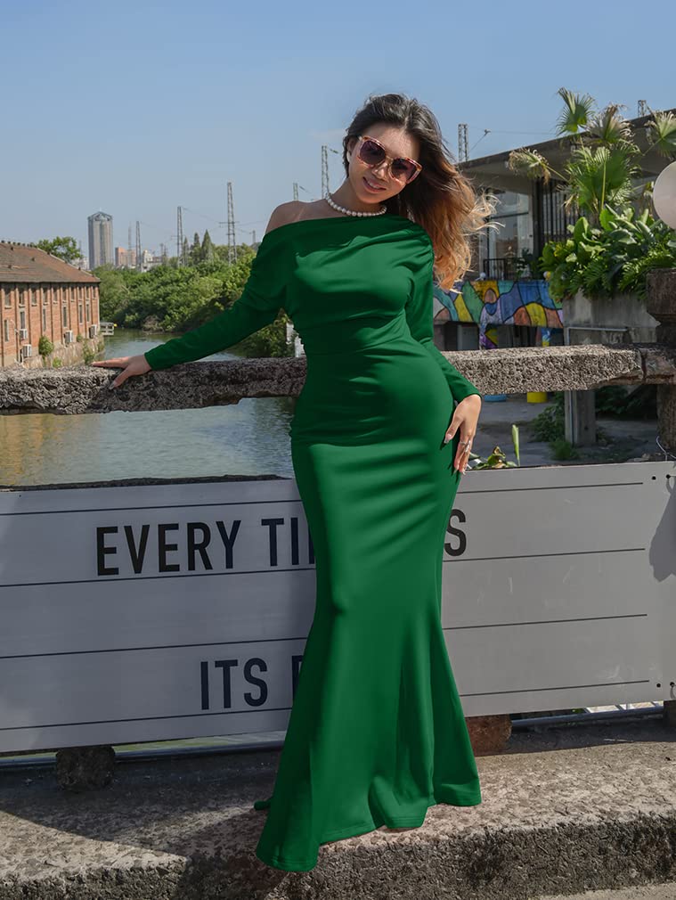 YMDUCH Women's Sexy Elegant Long Sleeve Off Shoulder Bodycon Long Evening Formal Dress Green - Image 4