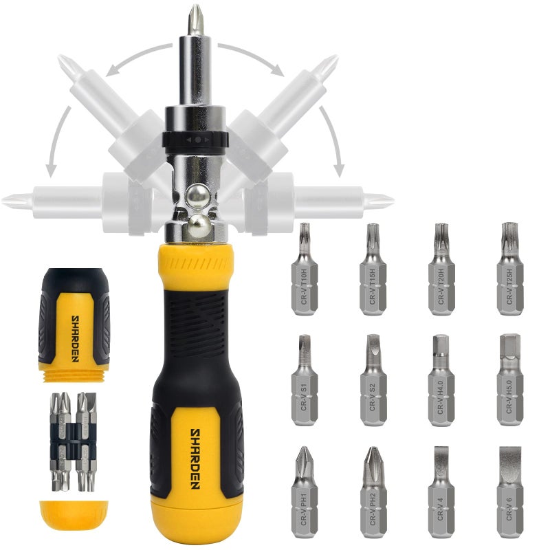 SHARDEN Ratcheting Multi Bit Screwdriver - 13-in-1 Tool Set, Flat Head/Square/Torx/Hex/Phillips, 180 Degree Pivoting Adjustable Angle Magnetic Screwdriver - Image 1