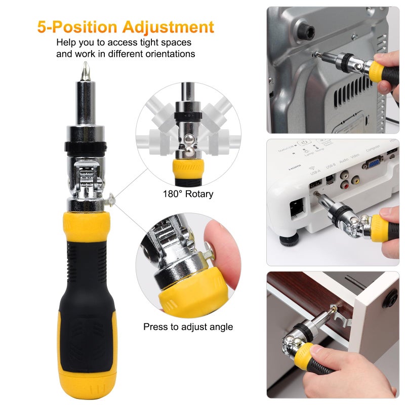 SHARDEN Ratcheting Multi Bit Screwdriver - 13-in-1 Tool Set, Flat Head/Square/Torx/Hex/Phillips, 180 Degree Pivoting Adjustable Angle Magnetic Screwdriver - Image 3