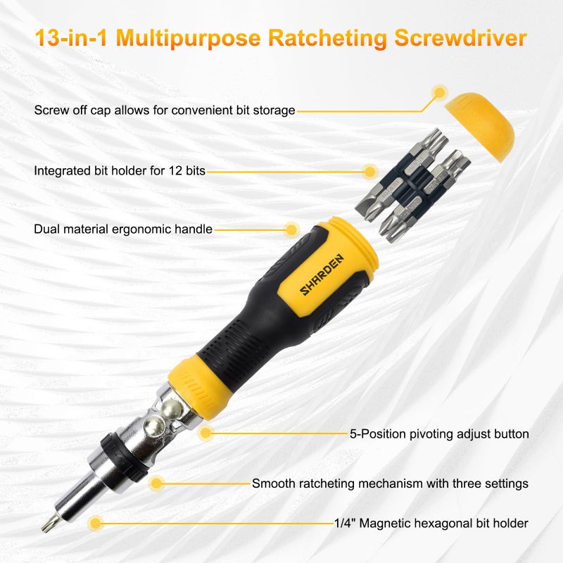 SHARDEN Ratcheting Multi Bit Screwdriver - 13-in-1 Tool Set, Flat Head/Square/Torx/Hex/Phillips, 180 Degree Pivoting Adjustable Angle Magnetic Screwdriver - Image 5