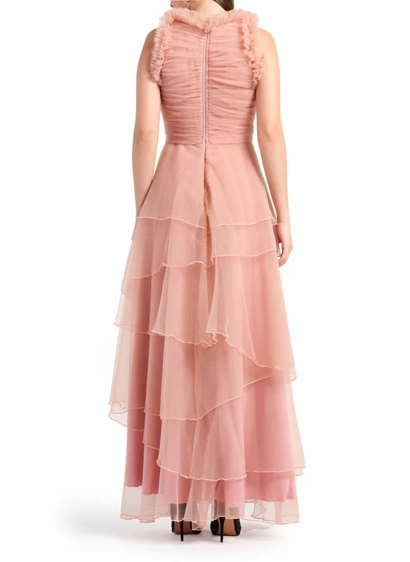 Amri Asymmetric Layered Tulle Dress with Front Ruching and Ruffle Bodice Detail
