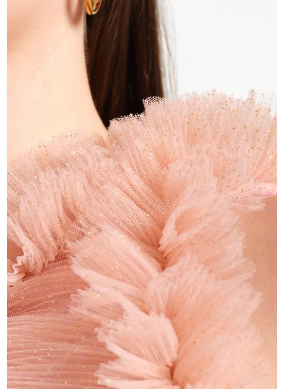 Amri Asymmetric Layered Tulle Dress with Front Ruching and Ruffle Bodice Detail