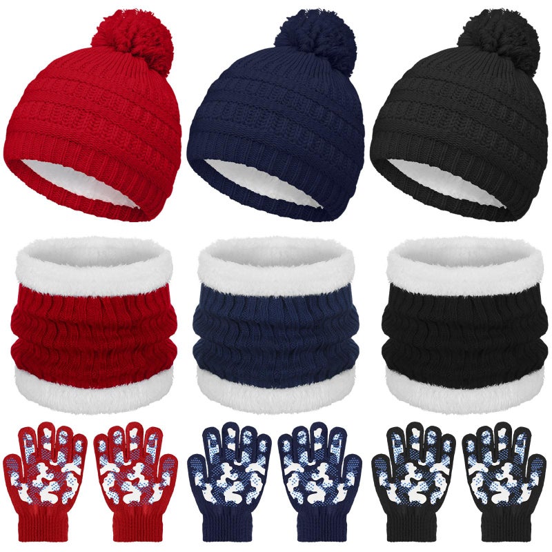 JaGely 9 Pcs Kids Hat Gloves Scarf Set for Winter Knit Beanie Hat with Pompom Neck Warmer Mittens Set for 5-10 Boys Girls(Dark Colors) - Image 1