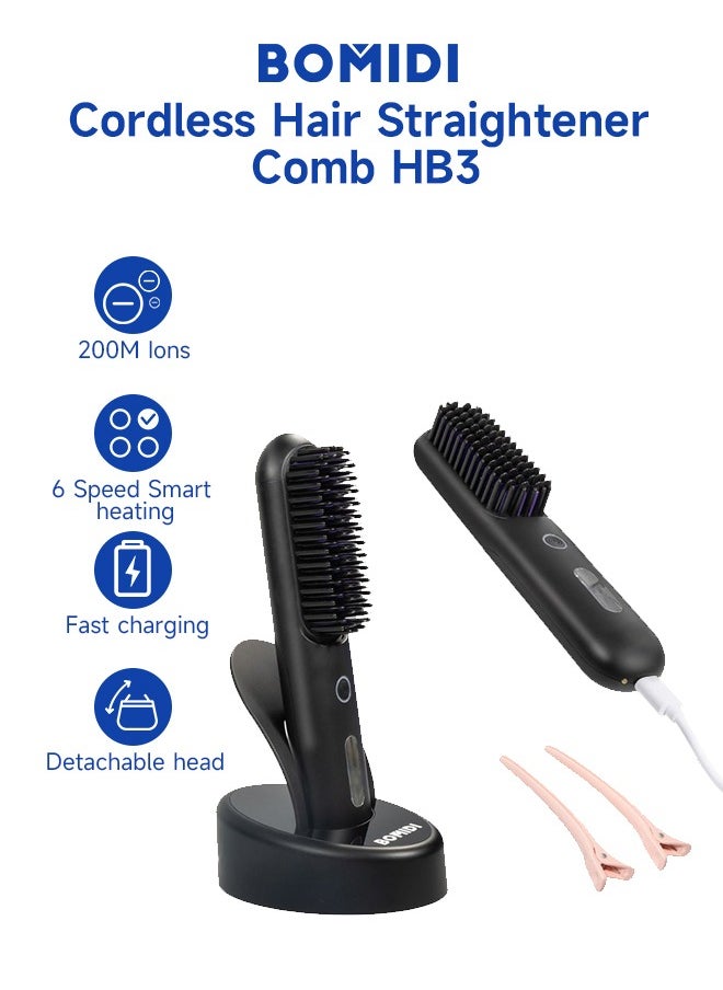 BOMIDI Cordless Hair Straightener Comb Detachable for Easy Clean, 400M Ions, 6 Speed Smart Temp, Dual Charging, Ideal for On - the - Go Styling - Black, HB3-BLACK  - Image 2