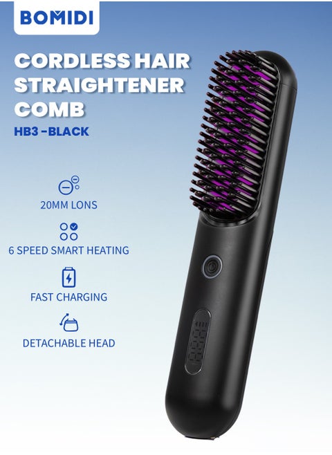 Cordless Hair Straightener Comb Detachable for Easy Clean, 400M Ions, 6 Speed Smart Temp, Dual Charging, Ideal for On - the - Go Styling - Black, HB3-BLACK