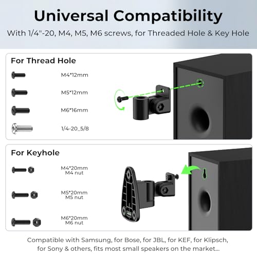 Dinghosen Upgraded Universal Metal Speaker Wall Mount, Swivel & Tilt, Speaker Mount for Small Speakers with 1/4-20, M4 M5 M6 Thread & Keyhole, For Samsung, Bose, JBL, Klipsch, Sony, Built-In Level, 2 Pack - Image 2