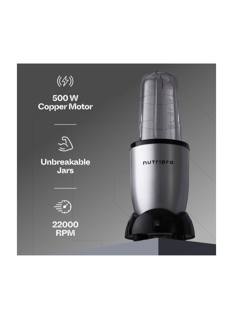 nutripro خلاط نوتري برو 500 واط | عصارة ومطحنة وجهاز صنع العصائر (فضي، 3 جرار) - ضمان لمدة عام - Image 3