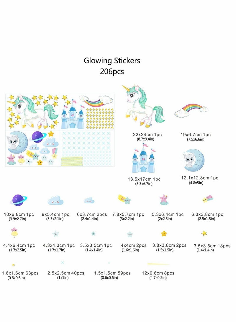 Glow in The Dark Unicorn Stickers, 206 pcs Cats and Moon Wall Decals, Glowing Castle Clouds Ceiling Decor for Kids Bedroom, Stars Rainbow Girls Boys Gift - Image 5