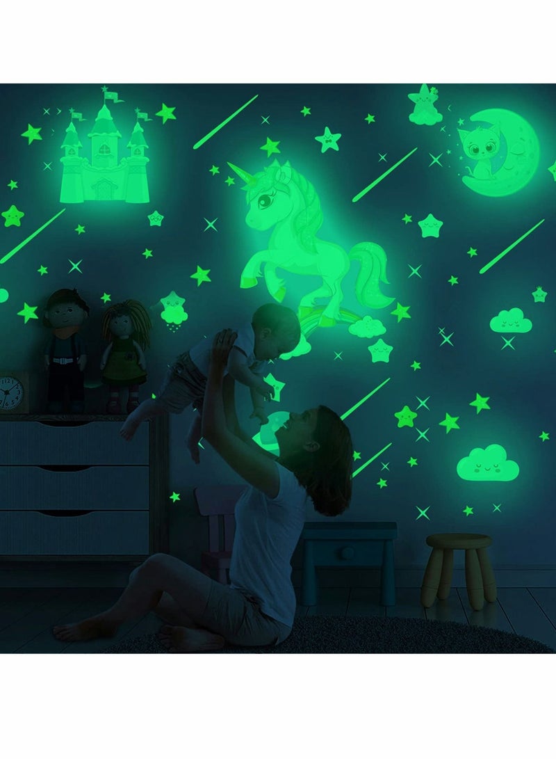 Glow in The Dark Unicorn Stickers, 206 pcs Cats and Moon Wall Decals, Glowing Castle Clouds Ceiling Decor for Kids Bedroom, Stars Rainbow Girls Boys Gift - Image 3