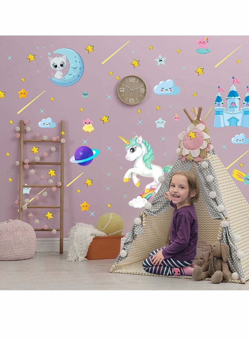 Glow in The Dark Unicorn Stickers, 206 pcs Cats and Moon Wall Decals, Glowing Castle Clouds Ceiling Decor for Kids Bedroom, Stars Rainbow Girls Boys Gift - Image 2