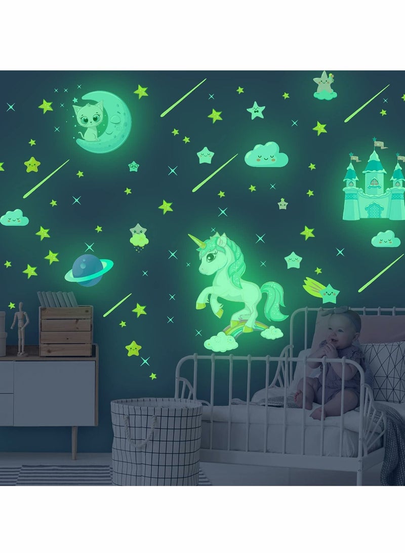 Glow in The Dark Unicorn Stickers, 206 pcs Cats and Moon Wall Decals, Glowing Castle Clouds Ceiling Decor for Kids Bedroom, Stars Rainbow Girls Boys Gift - Image 1