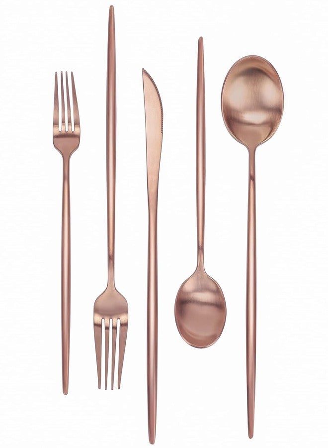 AMPLIN 5-Piece Stainless Steel Silverware Set, Attractive Matte Finished Flatware Set, Serving for 1, Classic Cutlery Set for Home/Restaurant, Includes Dessert Spoons Forks - Rose - Image 1