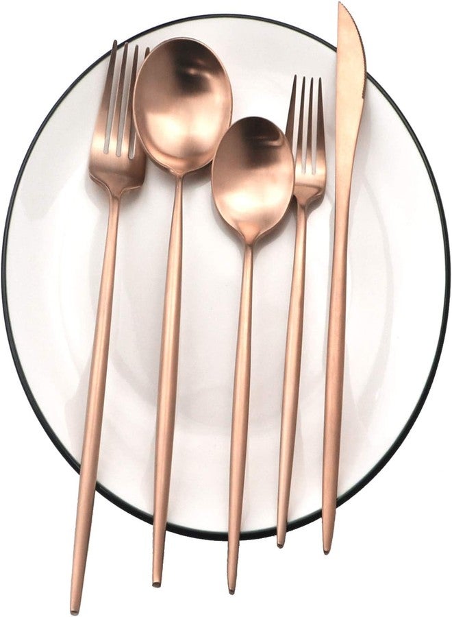 AMPLIN 5-Piece Stainless Steel Silverware Set, Attractive Matte Finished Flatware Set, Serving for 1, Classic Cutlery Set for Home/Restaurant, Includes Dessert Spoons Forks - Rose - Image 5