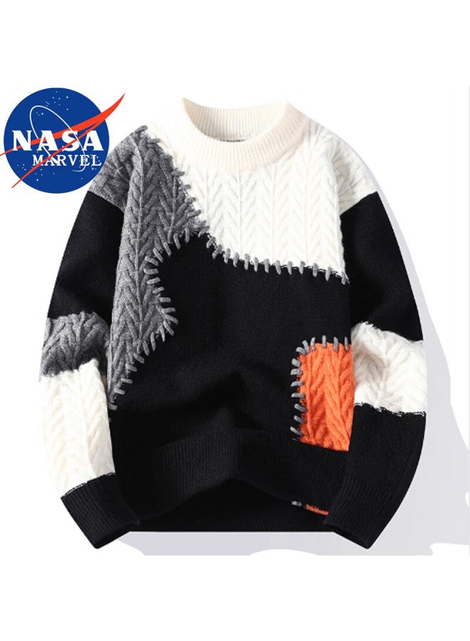 Nasa Marvel Men's Sweater Autumn Winter Youth Crewneck Casual Versatile Colorblock Breathable Knit Black 3XL - Image 2