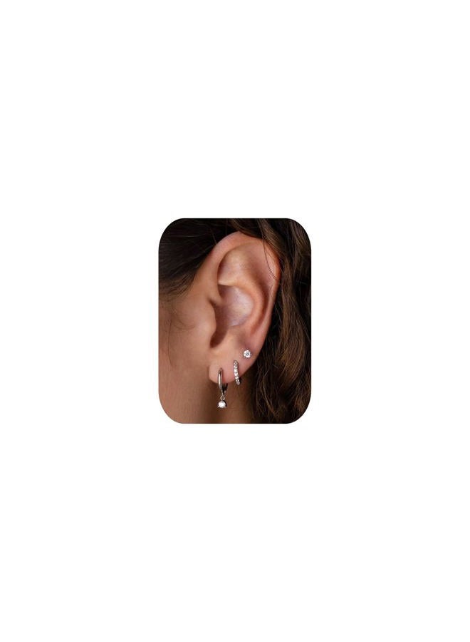 NOKMIT 3 Pairs Mini Hoop Earrings Set Turquoise Cubic Zirconia Huggie Hoop Cartilage Earring Ear Cuff for Women (Turquoise/CZ), Small, Sterling Silver, Cubic Zirconia - Image 1