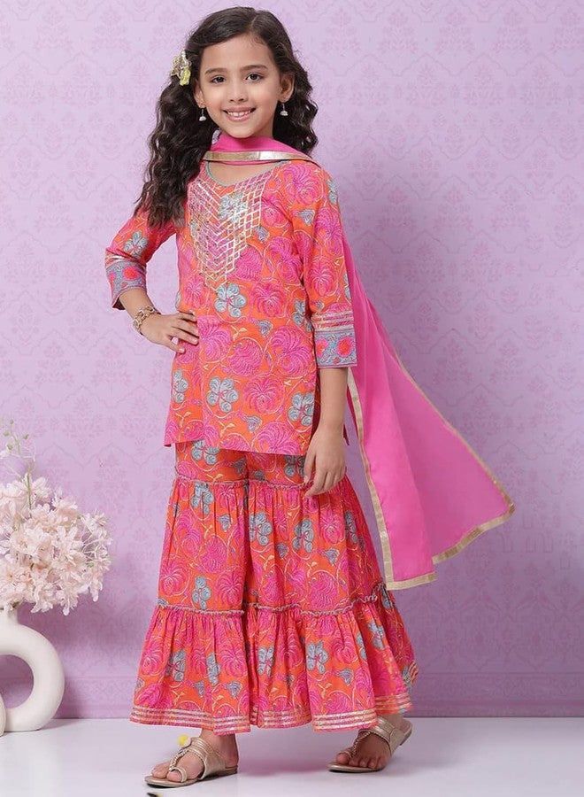 BIBA Girl Cotton Printed Relaxed Kid(Kw4783_Orange_5), Straight Kurta Garara Suit Set - Image 5