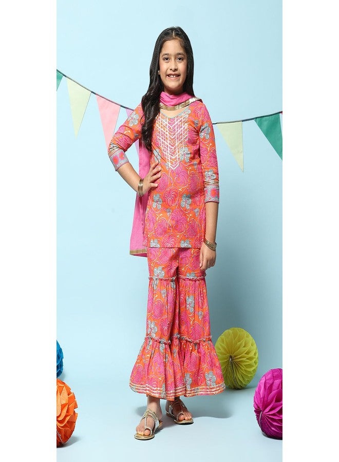 BIBA Girl Cotton Printed Relaxed Kid(Kw4783_Orange_5), Straight Kurta Garara Suit Set - Image 2