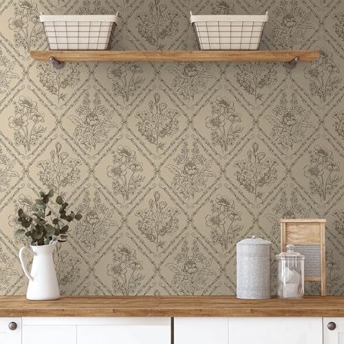 Toduso Peel and Stick Wallpaper Vintage Wall Paper Boho Contact Paper Neutral Removable Wallpaper for Kitchen Bathroom Bedroom Floral Waterproof Self Adhesive Vinyl Drawer Decor 17.3"x78.7" - Image 1
