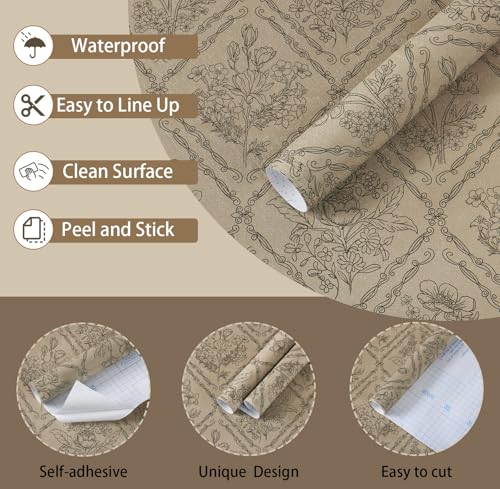Toduso Peel and Stick Wallpaper Vintage Wall Paper Boho Contact Paper Neutral Removable Wallpaper for Kitchen Bathroom Bedroom Floral Waterproof Self Adhesive Vinyl Drawer Decor 17.3"x78.7" - Image 2