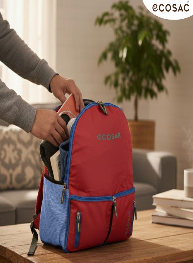 ECOSAC Foldable Backpack | Lightweight, Water-Resistant, Washable Travel Backpack | Compact Foldable School Bag, Hiking Backpack, Camping & Office Laptop Bag | Red - Image 4