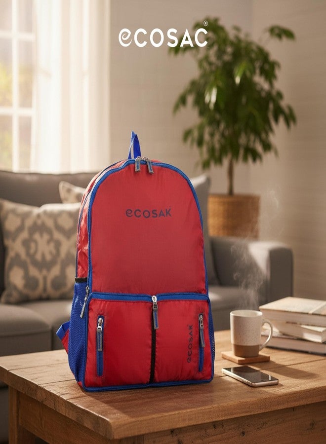 ECOSAC Foldable Backpack | Lightweight, Water-Resistant, Washable Travel Backpack | Compact Foldable School Bag, Hiking Backpack, Camping & Office Laptop Bag | Red - Image 2