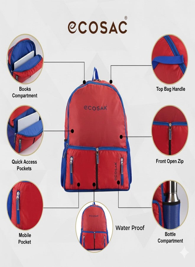 ECOSAC Foldable Backpack | Lightweight, Water-Resistant, Washable Travel Backpack | Compact Foldable School Bag, Hiking Backpack, Camping & Office Laptop Bag | Red - Image 5