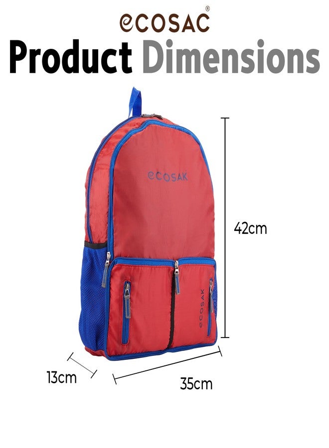 ECOSAC Foldable Backpack | Lightweight, Water-Resistant, Washable Travel Backpack | Compact Foldable School Bag, Hiking Backpack, Camping & Office Laptop Bag | Red - Image 3