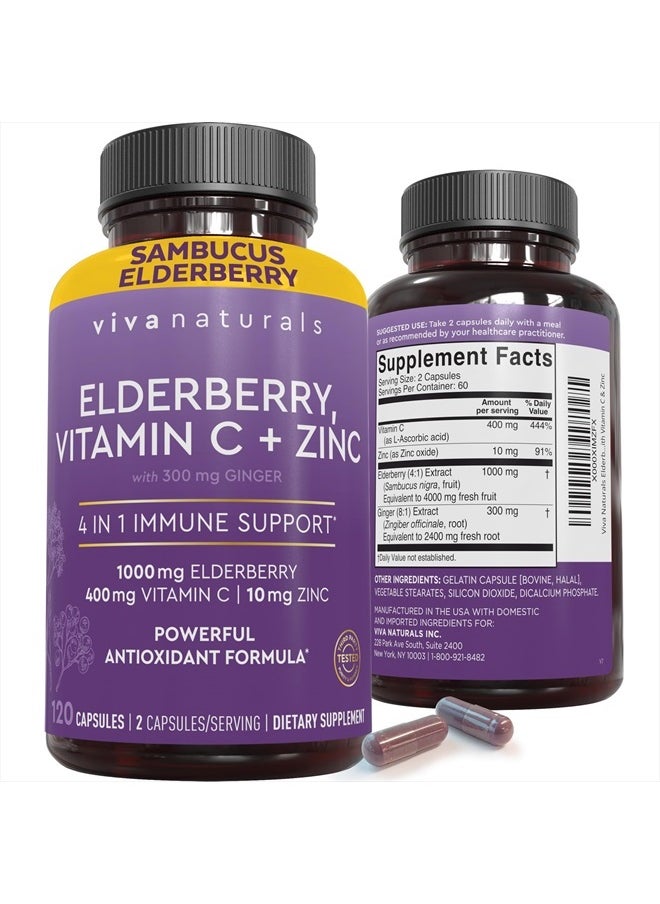 Viva Naturals - 4-in-1 Daily Immune Support Supplement, 120 Capsules - 1000mg Sambucus Black Elderberry with Zinc and Vitamin C for Adults + Ginger - 2 Month Supply - Image 1