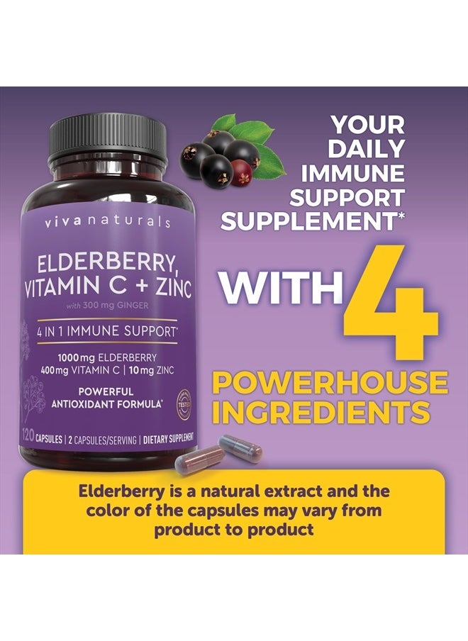 Viva Naturals - 4-in-1 Daily Immune Support Supplement, 120 Capsules - 1000mg Sambucus Black Elderberry with Zinc and Vitamin C for Adults + Ginger - 2 Month Supply - Image 1
