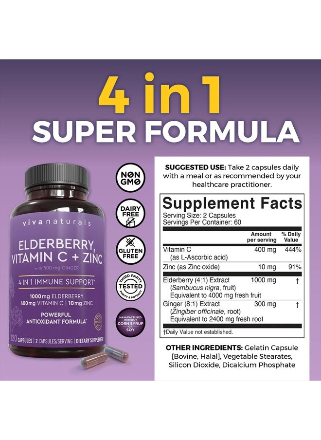 Viva Naturals - 4-in-1 Daily Immune Support Supplement, 120 Capsules - 1000mg Sambucus Black Elderberry with Zinc and Vitamin C for Adults + Ginger - 2 Month Supply - Image 1