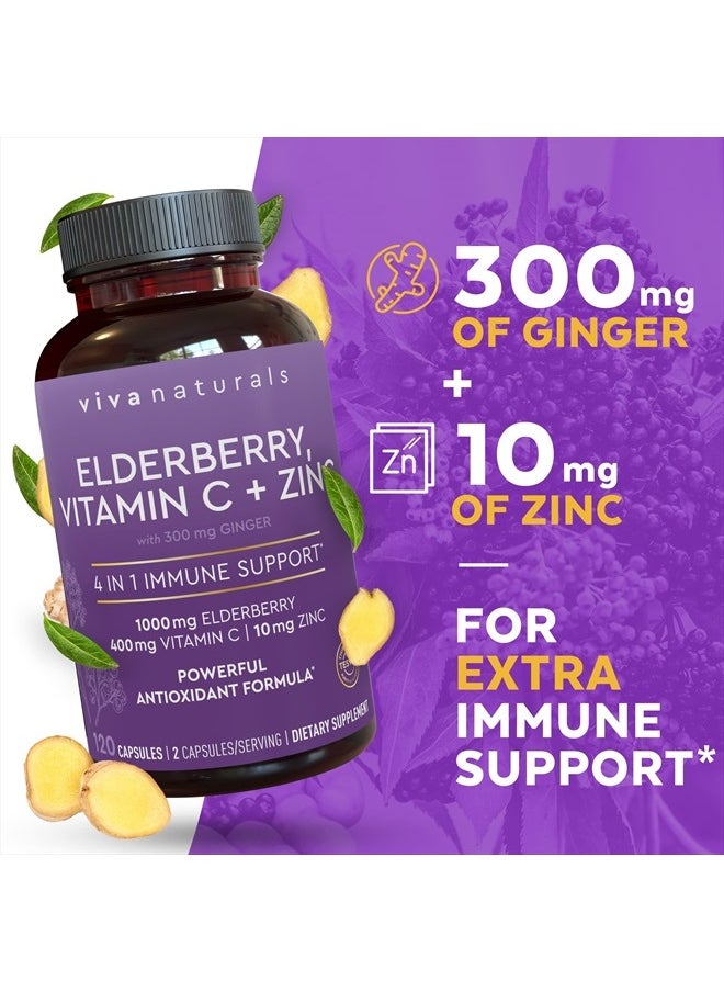 Viva Naturals - 4-in-1 Daily Immune Support Supplement, 120 Capsules - 1000mg Sambucus Black Elderberry with Zinc and Vitamin C for Adults + Ginger - 2 Month Supply - Image 1