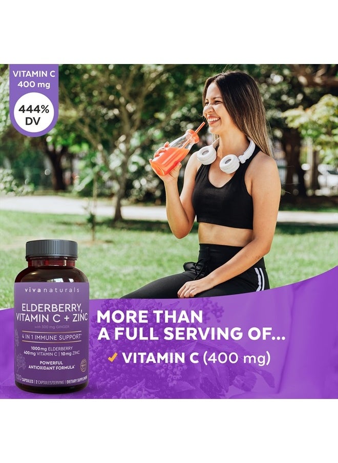 Viva Naturals - 4-in-1 Daily Immune Support Supplement, 120 Capsules - 1000mg Sambucus Black Elderberry with Zinc and Vitamin C for Adults + Ginger - 2 Month Supply - Image 1