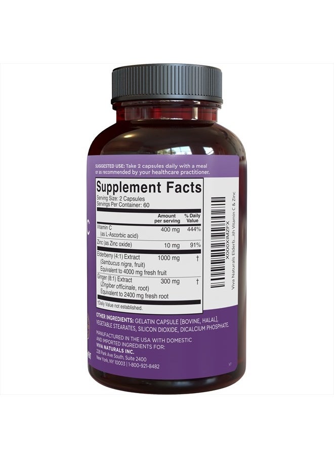 Viva Naturals - 4-in-1 Daily Immune Support Supplement, 120 Capsules - 1000mg Sambucus Black Elderberry with Zinc and Vitamin C for Adults + Ginger - 2 Month Supply - Image 1