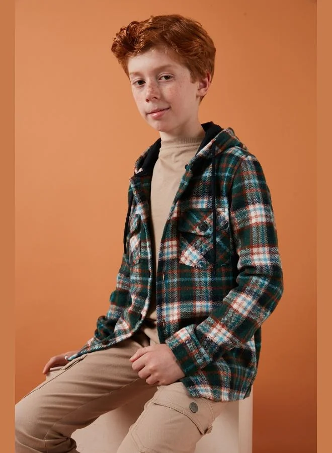 Lela Lela Hooded Double Pocket Plaid Winter Lumberjack Shirt Boy SHIRT CF24W81778