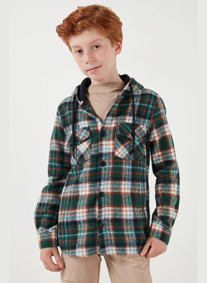 Lela Lela Hooded Double Pocket Plaid Winter Lumberjack Shirt Boy SHIRT CF24W81778