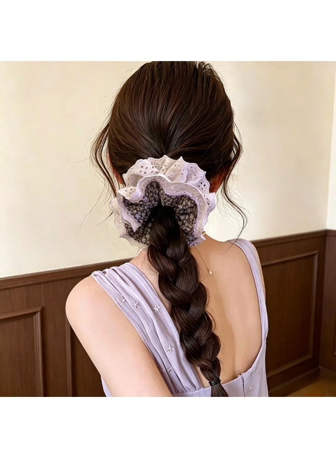 2 Pack Lavender Floral Lace Layered Scrunchies, Ruffled Vintage Hair Bands for Women