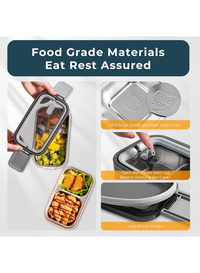 صندوق غداء من الفولاذ المقاوم للصدأ: صندوق بنتو مزدوج الطبقة سعة 1400 ملليلتر، آمن للاستخدام في الميكروويف - صندوق بنتو مانع للتسرب من الفولاذ المقاوم للصدأ 304 - عازل حراري قابل للفصل - للبالغين والطلاب والمكاتب والمدارس - مع ح - Image 4