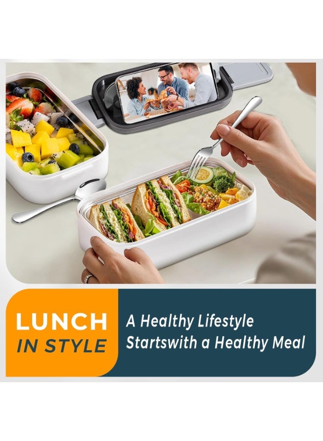 صندوق غداء من الفولاذ المقاوم للصدأ: صندوق بنتو مزدوج الطبقة سعة 1400 ملليلتر، آمن للاستخدام في الميكروويف - صندوق بنتو مانع للتسرب من الفولاذ المقاوم للصدأ 304 - عازل حراري قابل للفصل - للبالغين والطلاب والمكاتب والمدارس - مع ح - Image 5