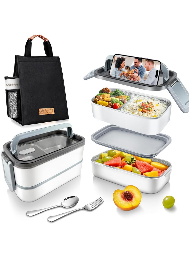 صندوق غداء من الفولاذ المقاوم للصدأ: صندوق بنتو مزدوج الطبقة سعة 1400 ملليلتر، آمن للاستخدام في الميكروويف - صندوق بنتو مانع للتسرب من الفولاذ المقاوم للصدأ 304 - عازل حراري قابل للفصل - للبالغين والطلاب والمكاتب والمدارس - مع ح - Image 2