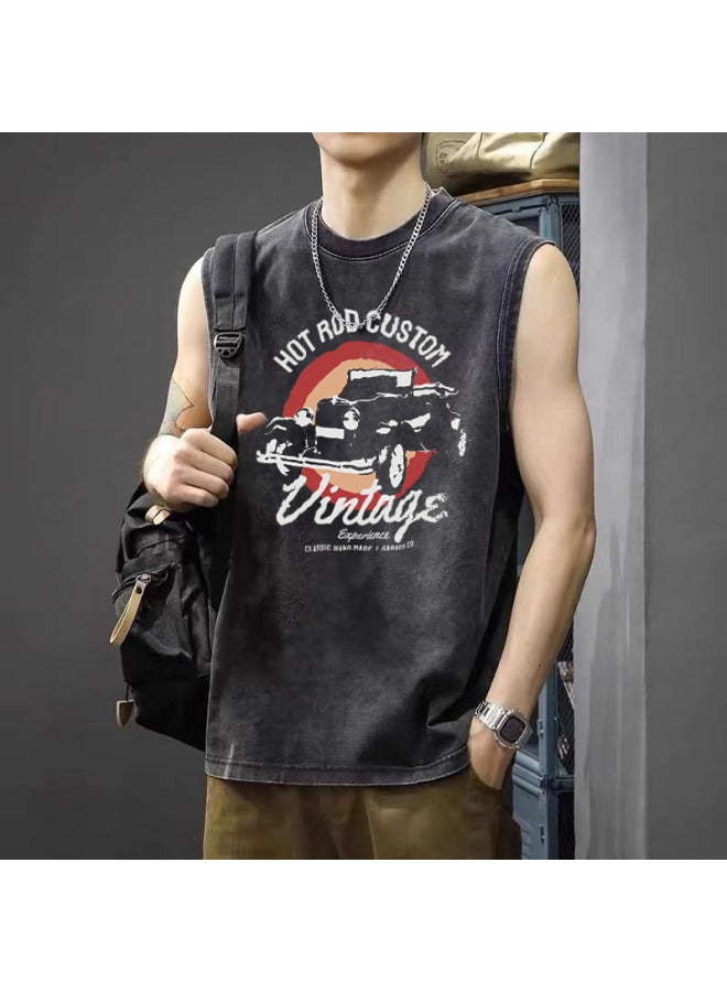 Summer New American Vintage Washed Distressed Sleeveless T-shirt Men's Loose Oversized Vest Streetwear Brand Vest T-shirt