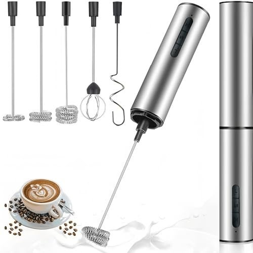 regaliafurn Rechargeable Milk Frother Wand with 3 Independent Speed Buttons, Handheld Electric Whisk with 5 Attachments for Coffee, Lattes, Matcha, Kitchen Gift, Stainless Steel Silver - Image 1
