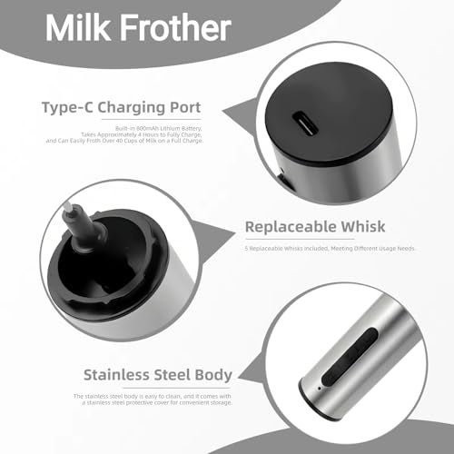 regaliafurn Rechargeable Milk Frother Wand with 3 Independent Speed Buttons, Handheld Electric Whisk with 5 Attachments for Coffee, Lattes, Matcha, Kitchen Gift, Stainless Steel Silver - Image 4