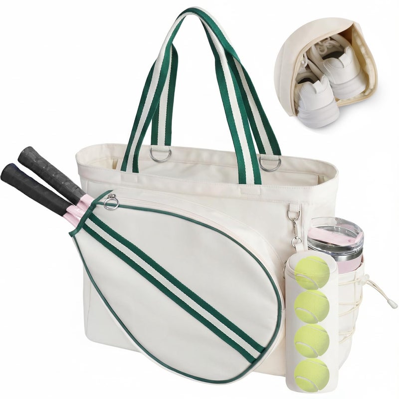 Movker Tennis Bag for Women Men Tote Bag with Shoe Compartment & Wet Pocket, Fits 2 Rackets & 15.6â€ Laptop, Durable Sports Gym Overnight Weekender Bag with Fence Hook(Beige-green) - Image 1
